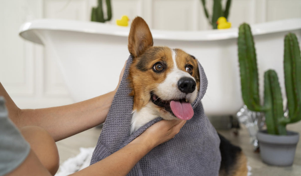 A cute small dog getting dried off with a towel after a bath