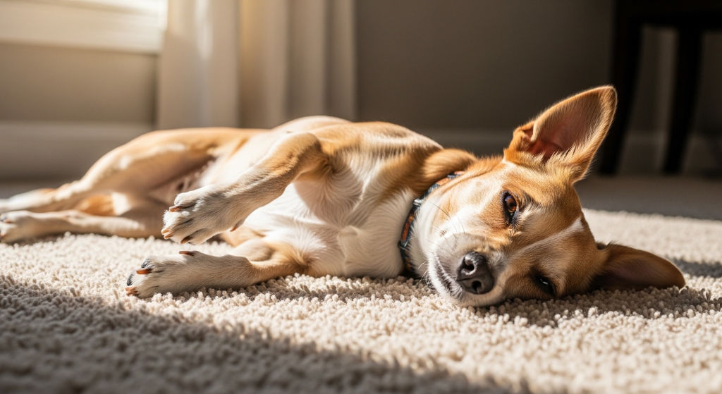 A newly adopted dog resting