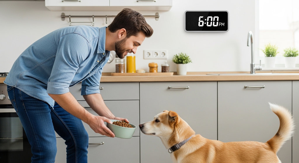 A feeding a dog in a kitchen