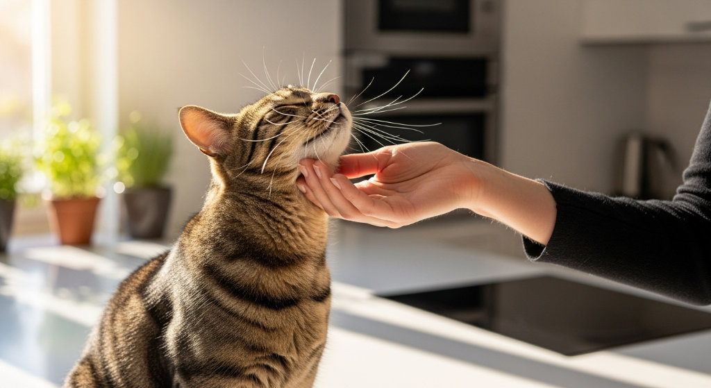 A cat enjoying being petted by its owner