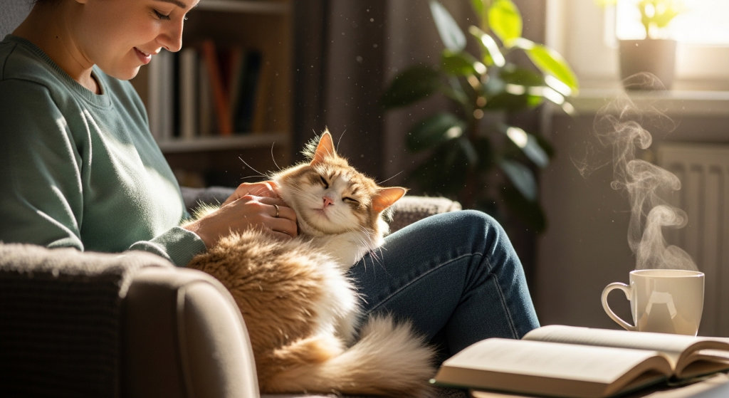 A woman sitting with cat