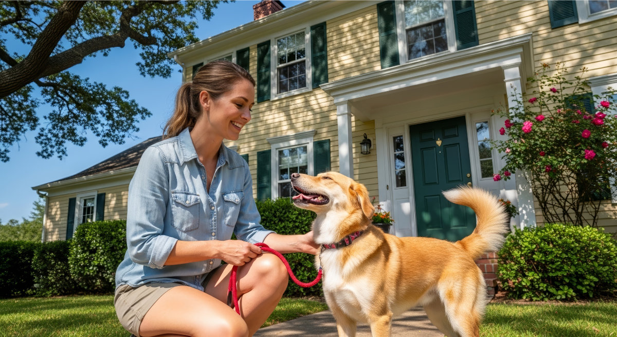 A woman petting her newly adopted dog