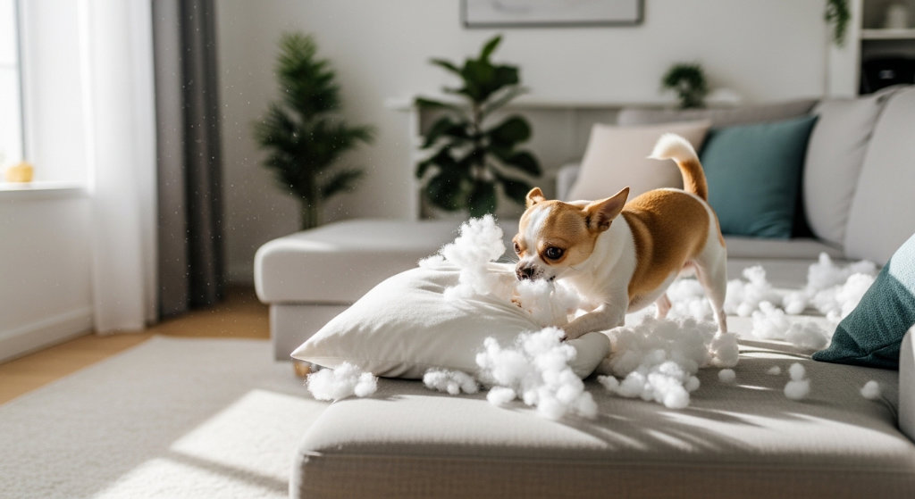 A chihuahua tearing up a couch pillow