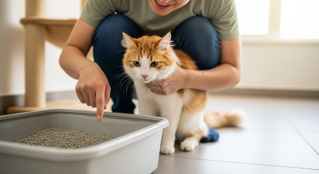 A person showing a cat a litterbox