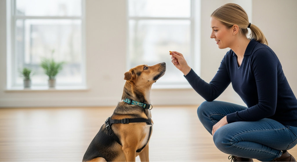 A woman training a dog to sit